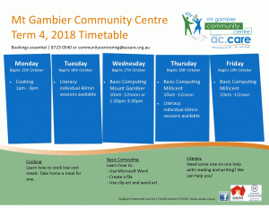 Mount Gambier Community Centre Term 4 2018 timetable