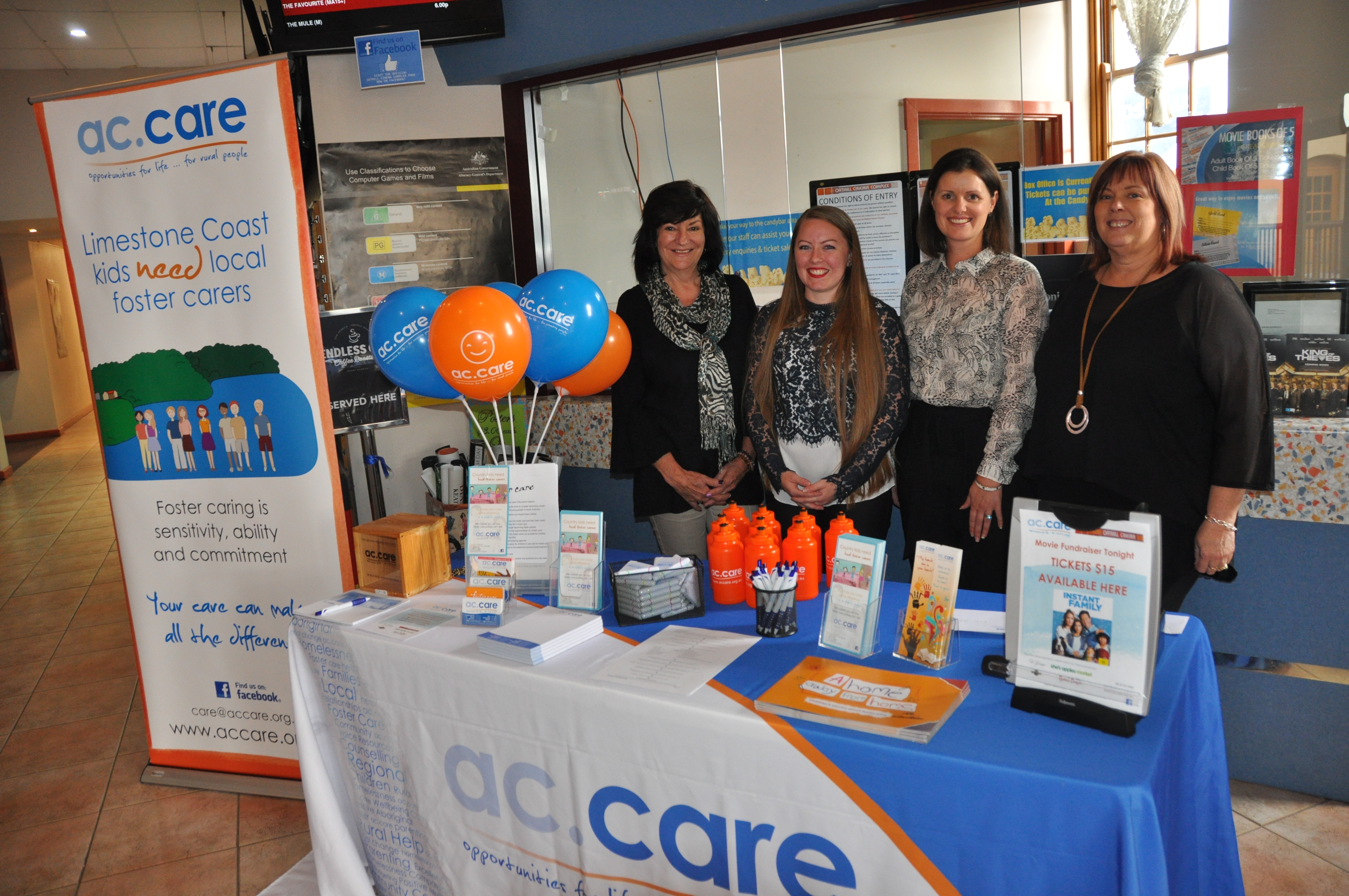 ac.care staff Lisa Fry, Dani Atkinson, Leticia Gosse and Cindy Climas with the foster care information stand at the Oatmill Cinema