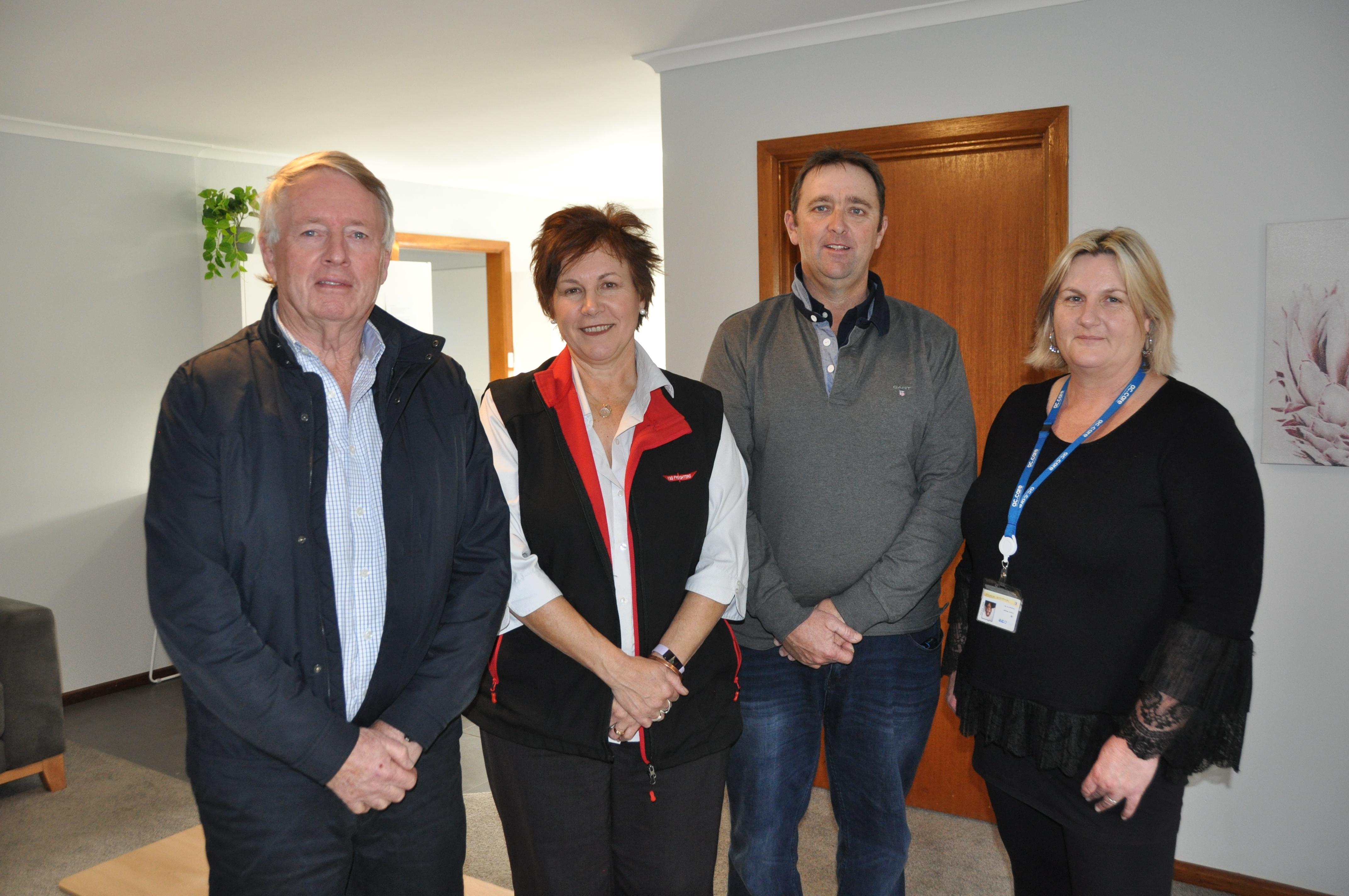 COMMUNITY SUPPORT: Mount Gambier Family Truck Show chairman Peter Burchell, committee member Michelle Nicholls, founder Adam Smith and ac.care Limestone Coast homelessness service manager Jill Pulleine inside the emergency accommodation unit maintained with funding from the annual event to help people in crisis.