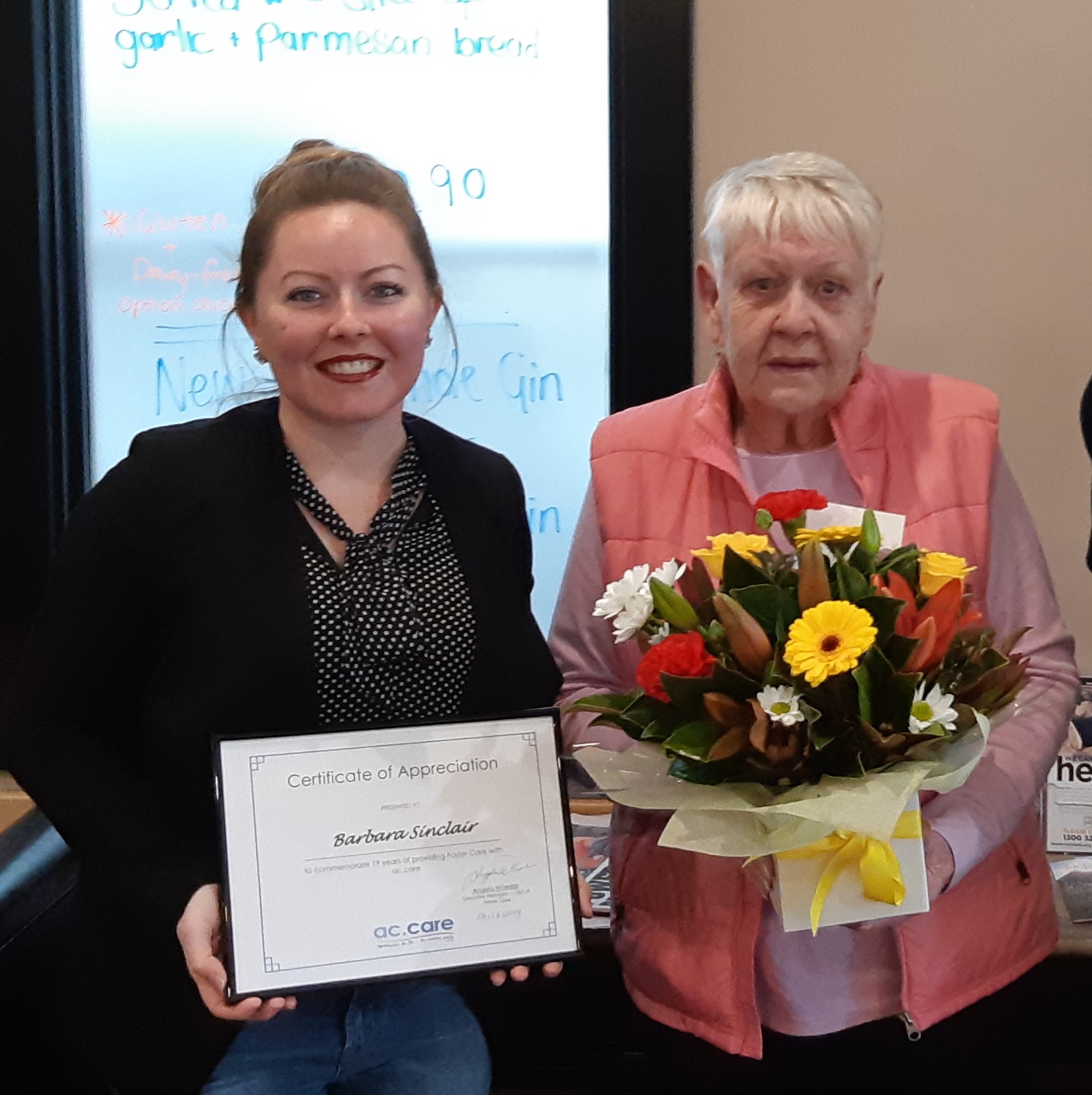 GRATITUDE: ac.care Limestone Coast foster care program manager Dani Atkinson thanks Barb Sinclair for nearly 10 decades of welcoming children into her Mount Gambier home.