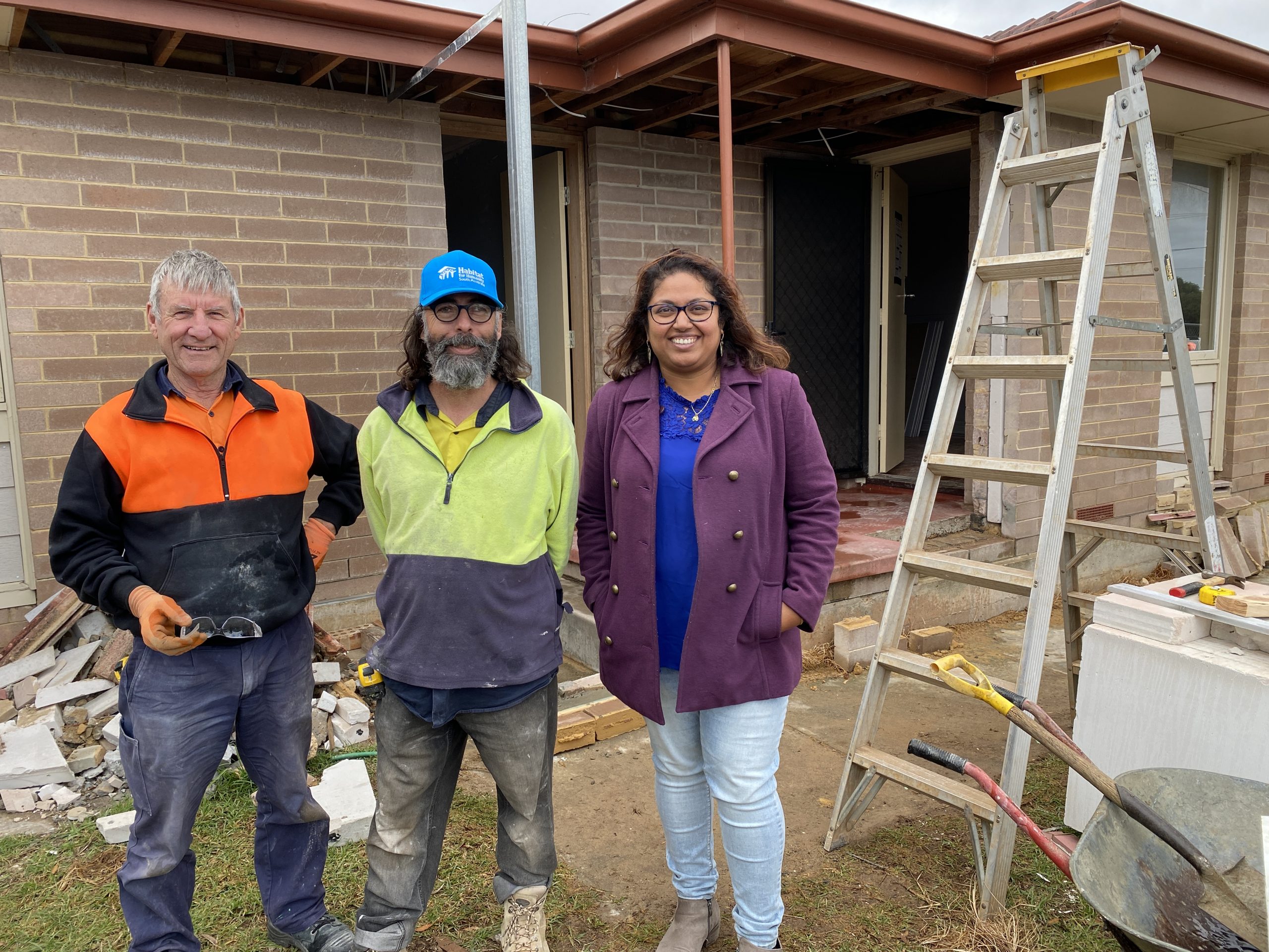 COMMUNITY PROJECT: Murray Bridge volunteer Steve Brown, Habitat for Humanity’s Andrew Hurst and ac.care Murraylands Homelessness Service manager Thanuja Hiripitiyage welcome progress on the Studio Purpose development in Murray Bridge, which will provide four apartments for youths at risk of homelessness in the region.