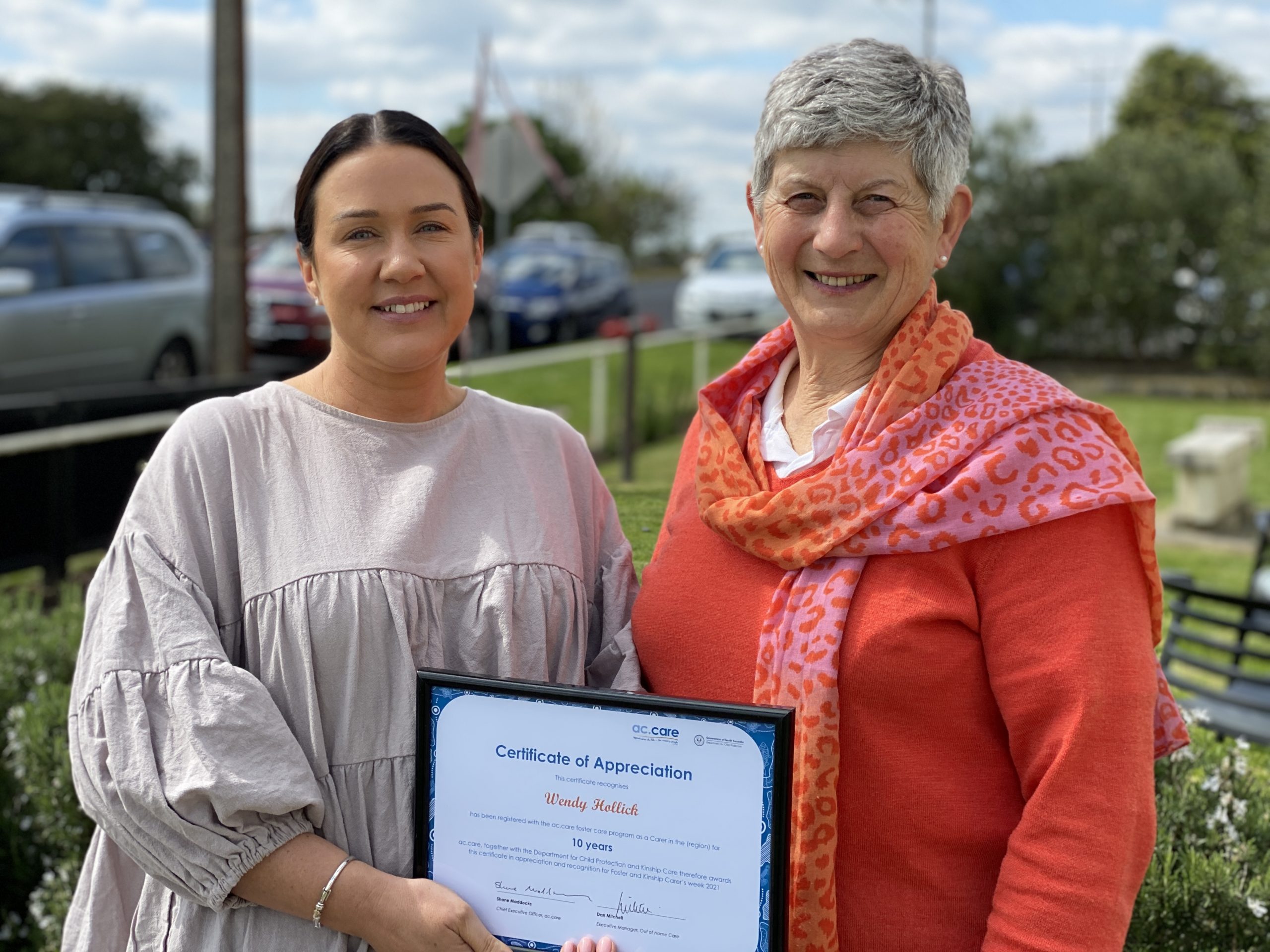DECADE OF DEVOTION: Penola’s Wendy Hollick continues to welcome children into her home for short stays as a respite foster carer. Her 10 years of service was celebrated by placement support worker Emily Wastell during SA Foster and Kinship Carers Week.