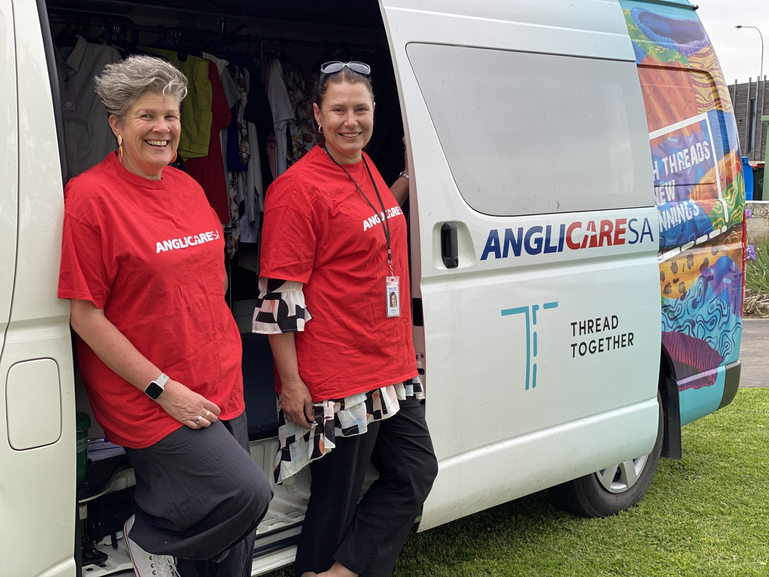 WELCOME TO THE BOUTIQUE: AnglicareSA staff Stephanie Ashby and Selena Hart welcomed ac.care Limestone Coast Homelessness Service clients and other visitors to the Thread Together clothing van to choose a free set of new clothing during a visit to the Mount Gambier Community Centre last month.