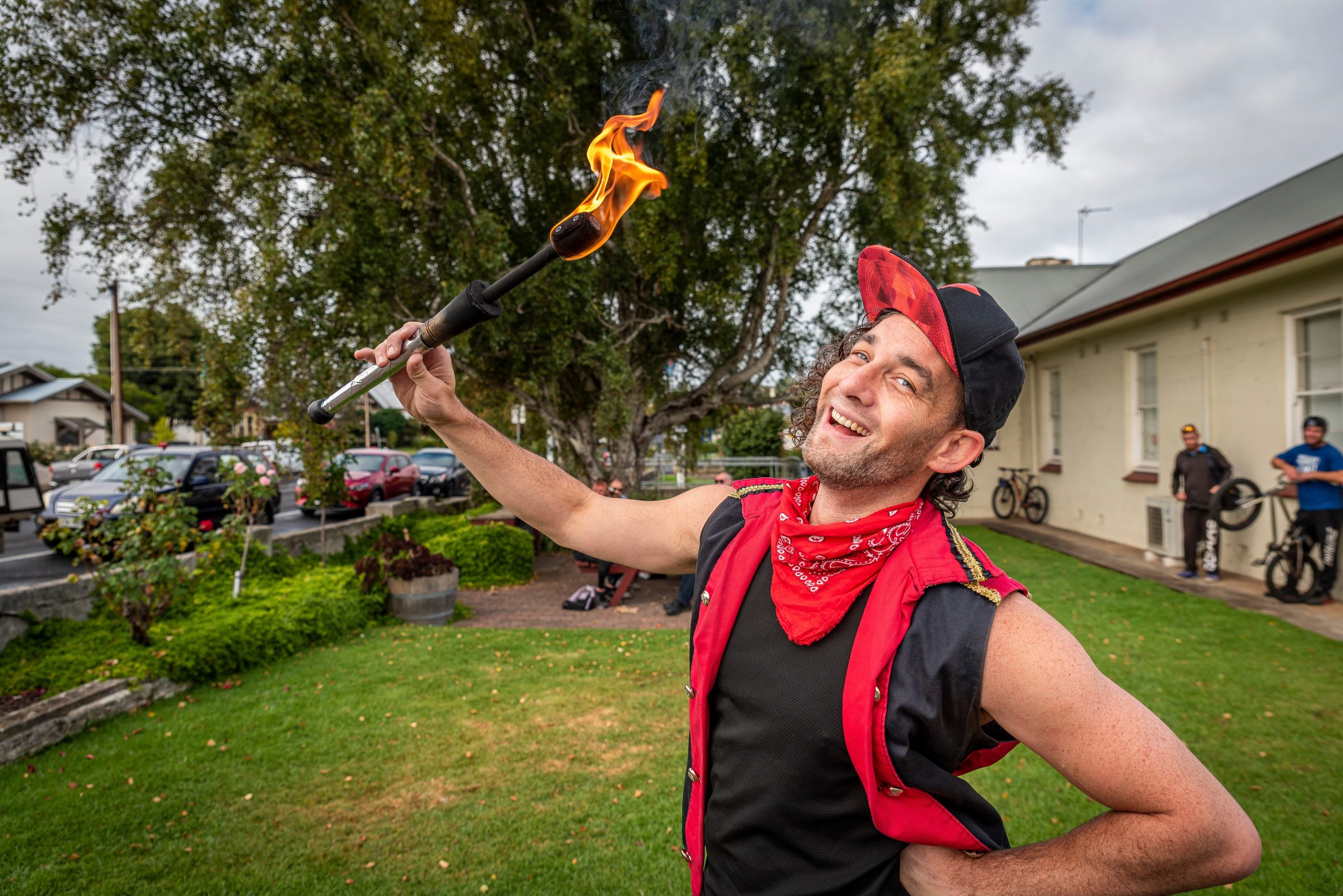FIRING UP FRINGE: Street circus performer Mat E Tricks lights up ac.care’s Mount Gambier Community Centre with entertainment for visitors, clients and staff. Picture: TIM ROSENTHAL