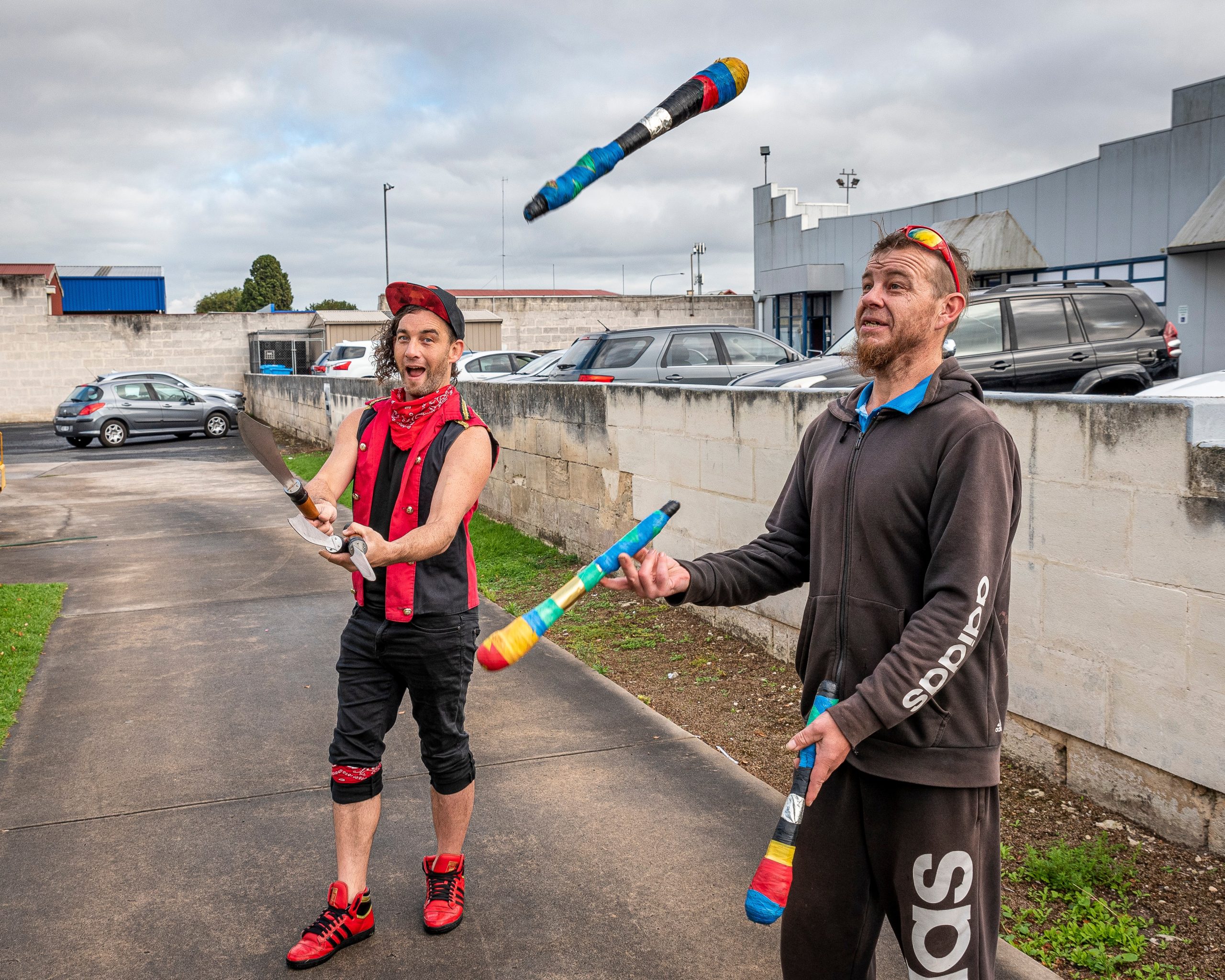 SHARING TALENT: Friend of ac.care Damien was inspired by Fringe performer Mat E Tricks to share some of his own juggling and circus skills. Picture: TIM ROSENTHAL