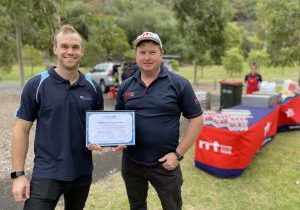 COMMUNITY SUPPORT: ac.care’s Brock Egan thanks Ben Cox of the Mount Gambier Rapid Relief Team for the community organisation’s support of the Limestone Coast foster care barbecue.