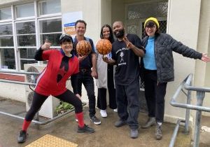 FRINGE FUN: Miss C - Balloonologist, ac.care marketing and communications manager Jason Wallace, ac.care Limestone Coast Homelessness Services manager Kelly McGuinness, BasketballMan and Fringe Mount Gambier  artistic program manager Louise Adams at the Mount Gambier Community Centre.