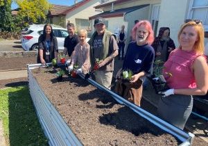 DIGGING IN: The Mount Gambier Community Centre’s new garden was launched on Wednesday with the 
first plantings undertaken by ac.care Limestone Coast homelessness regional manager Kelly McGuinness, 
Travis Fatchen representing Member for Mount Gambier Troy Bell, Mount Gambier Mayor Lynette Martin, 
friends of the centre Mark McMahon and Des Reilly, and Kate Hill also representing Troy Bell MP.