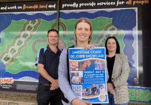 WALKING TOGETHER: ac.care marketing and communications manager Jason Wallace, Family Services project manager Kaitlin Creek and Limestone Coast foster care service manager Sherri Winter encourage residents to attend the Limestone Coast ac.care Showcase event on May 16.