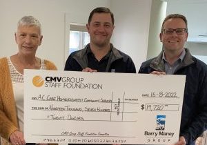 LEGACY LIVES ON: ac.care homelessness and community services manager Trish Spark gratefully accepts a significant donation from the CMV Group Staff Foundation, which was presented by Barry Maney Group foundation representative Jason Peake and Barry Maney Group general manager Shannon Wilson.